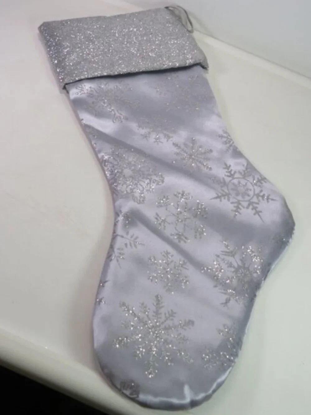 Satin Silver Glitter Snowflake Christmas Pair of 2 Stockings Impact Innovations
